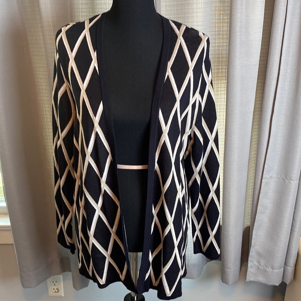 Croft & Barrow Cardigan Sweater Black Beige White Diamond Pattern Sz Pxl Nwt